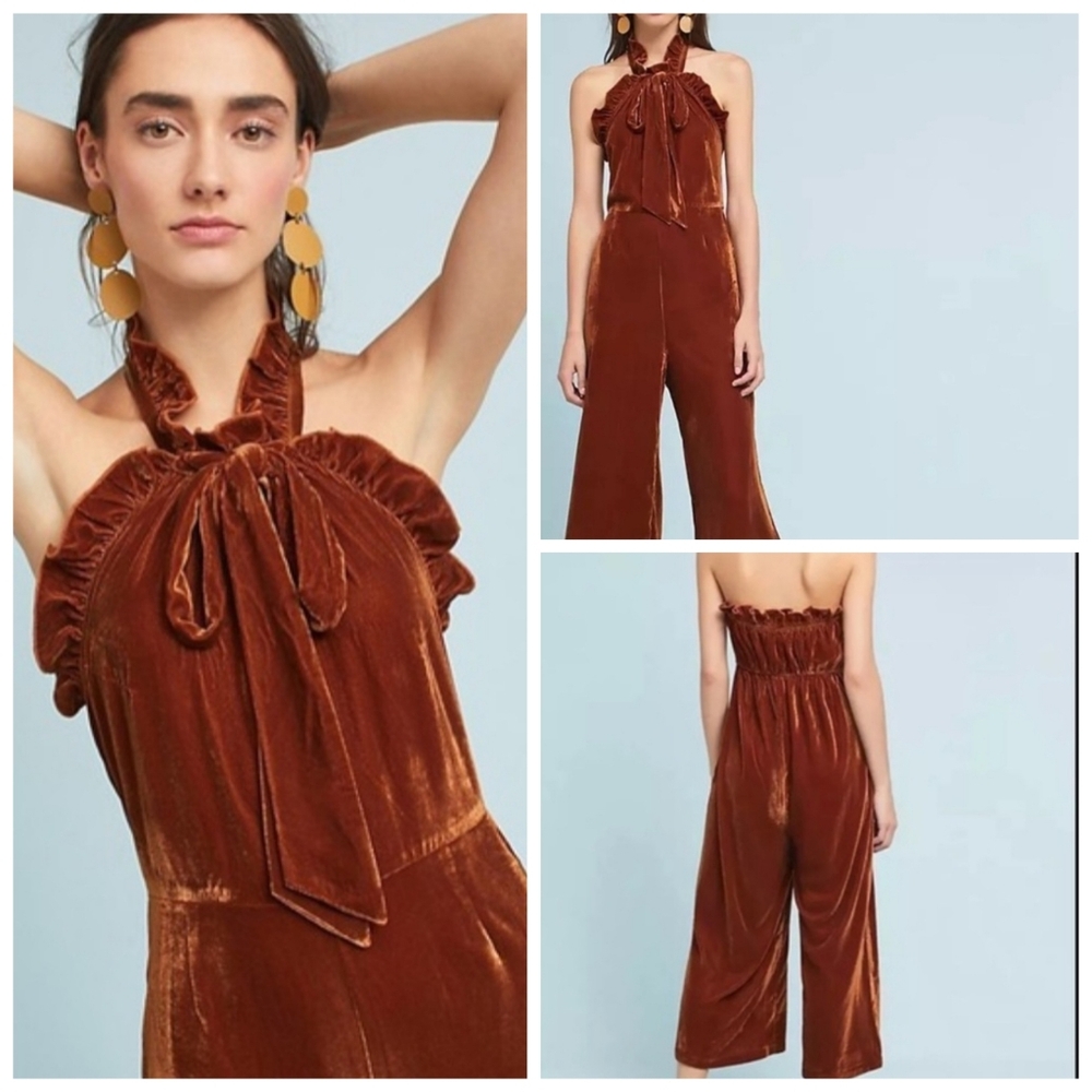 Anthropologie Kristinit Elegant Velvet Ruffle Halter Jumpsuit- Deep Copper Rust
